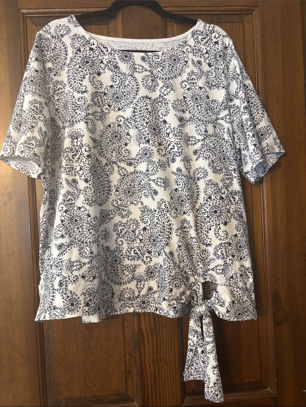 Talbots White Top with Navy Paisley Print and Side Tie
